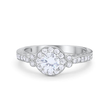 Vintage Style Halo Bridal Wedding Ring Round Simulated CZ 925 Sterling Silver